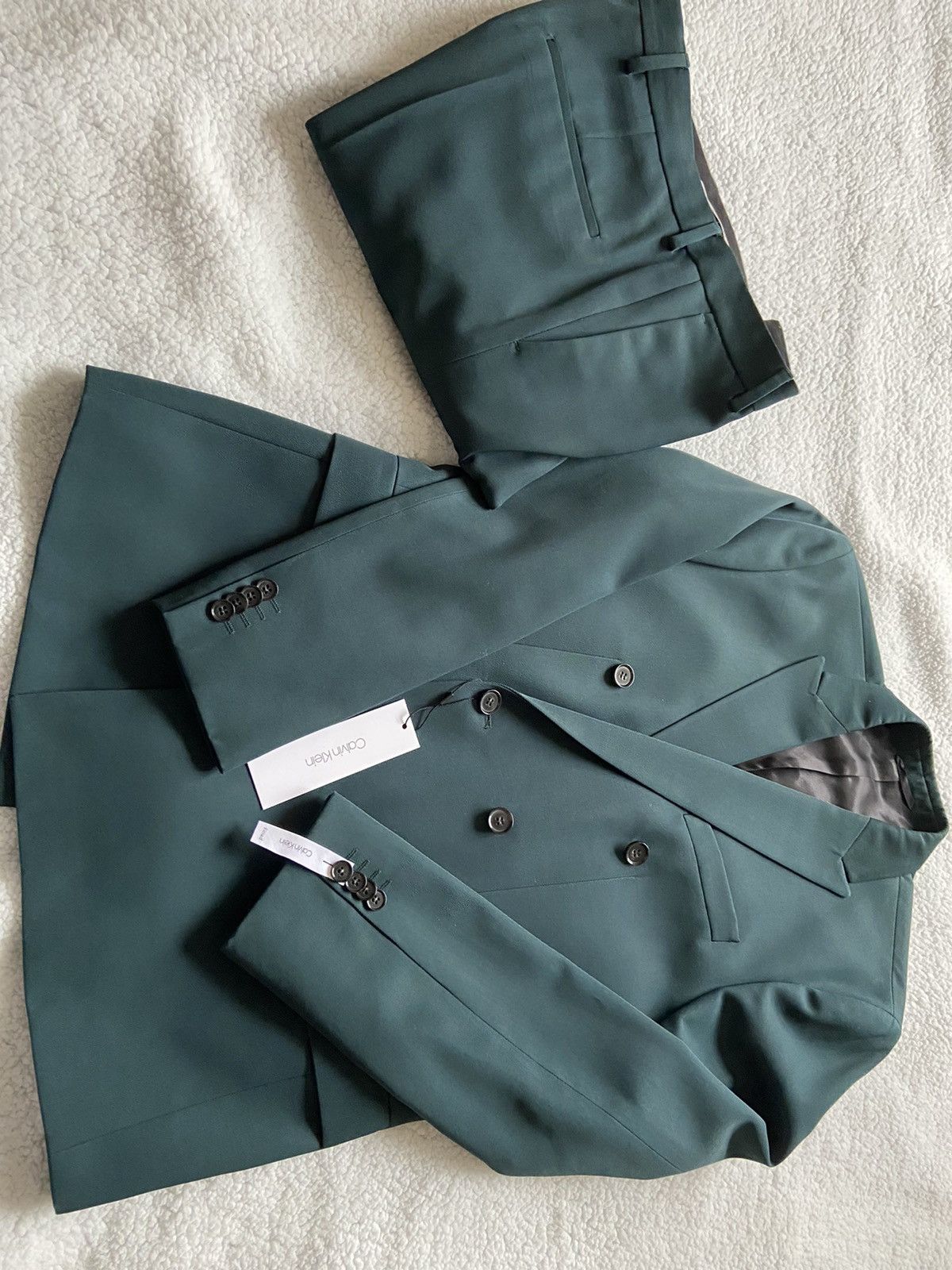 Calvin Klein Fitted Double Breasted Pine Green Suit Size 46R - 4 Thumbnail