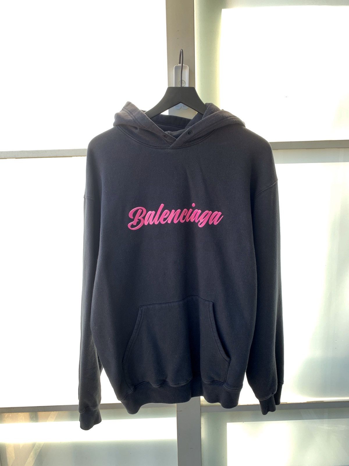 Balenciaga Glossy Back Pulled Pink Logo Hoodie Grailed