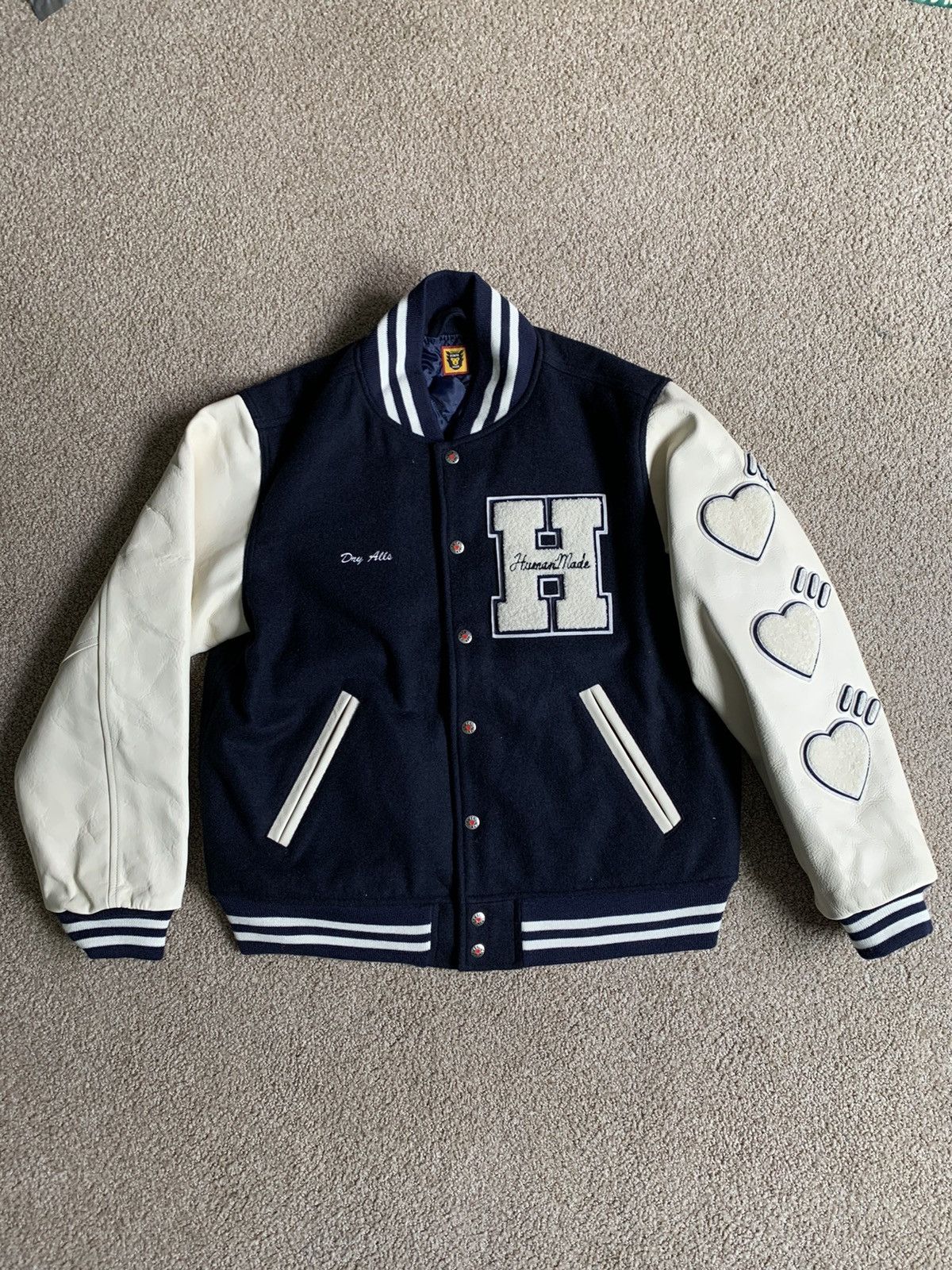 Human Made Dry Alls Wool Varsity Jacket (Navy) | Grailed