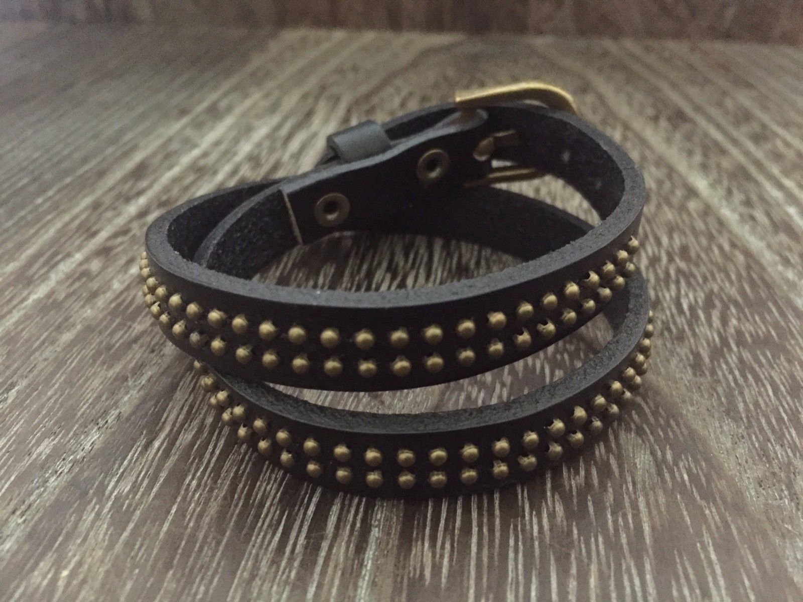 BROWN LEATHER NARROW STRAP BRASS STUDS MENS DOUBLE WRAP AROUND