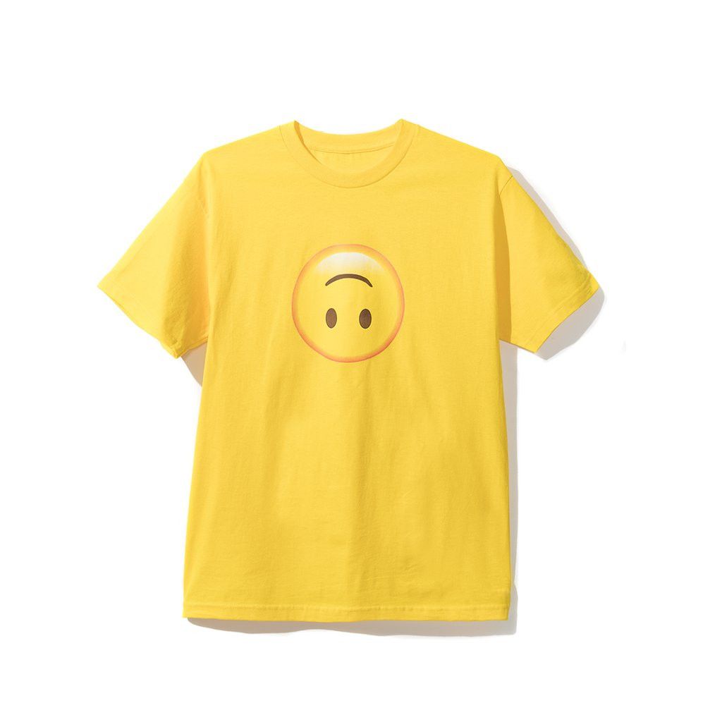 DS ASSC White Logo smile emoji HMU Yellow Tee in hand