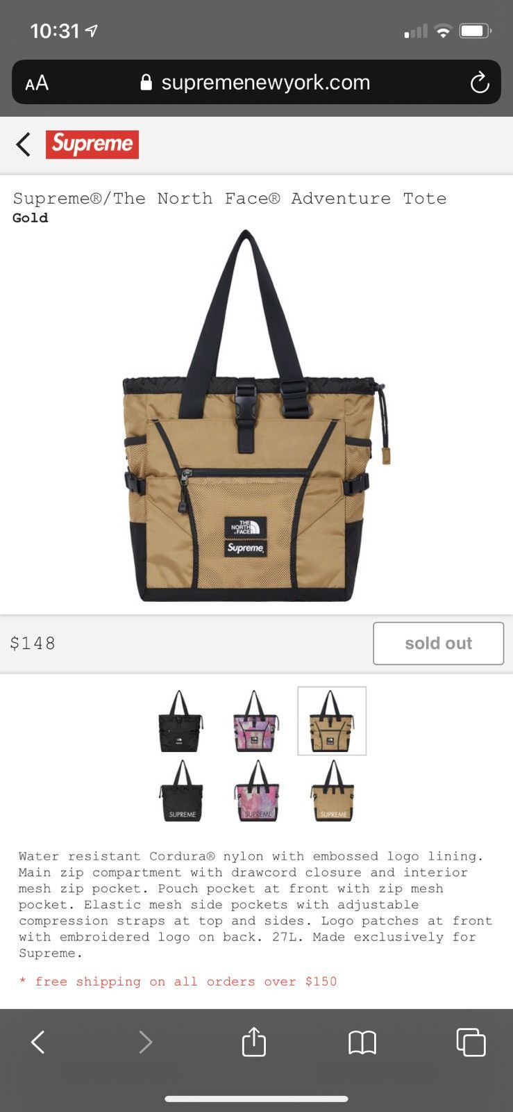 supreme north face Adnture Tote Gold