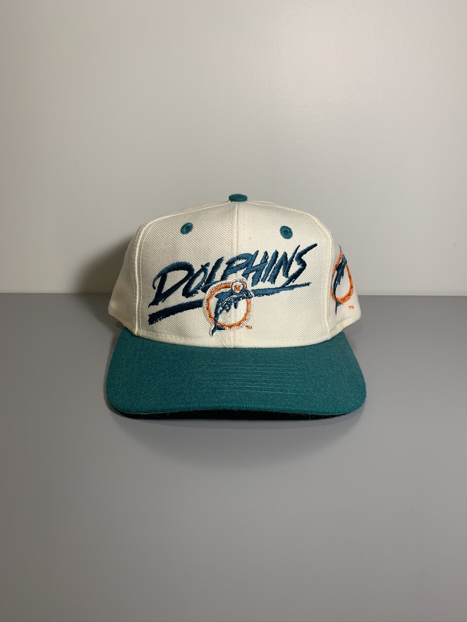 Vintage Miami Dolphins 80s 90s Big Logo Backwards Wool Snapback Hat