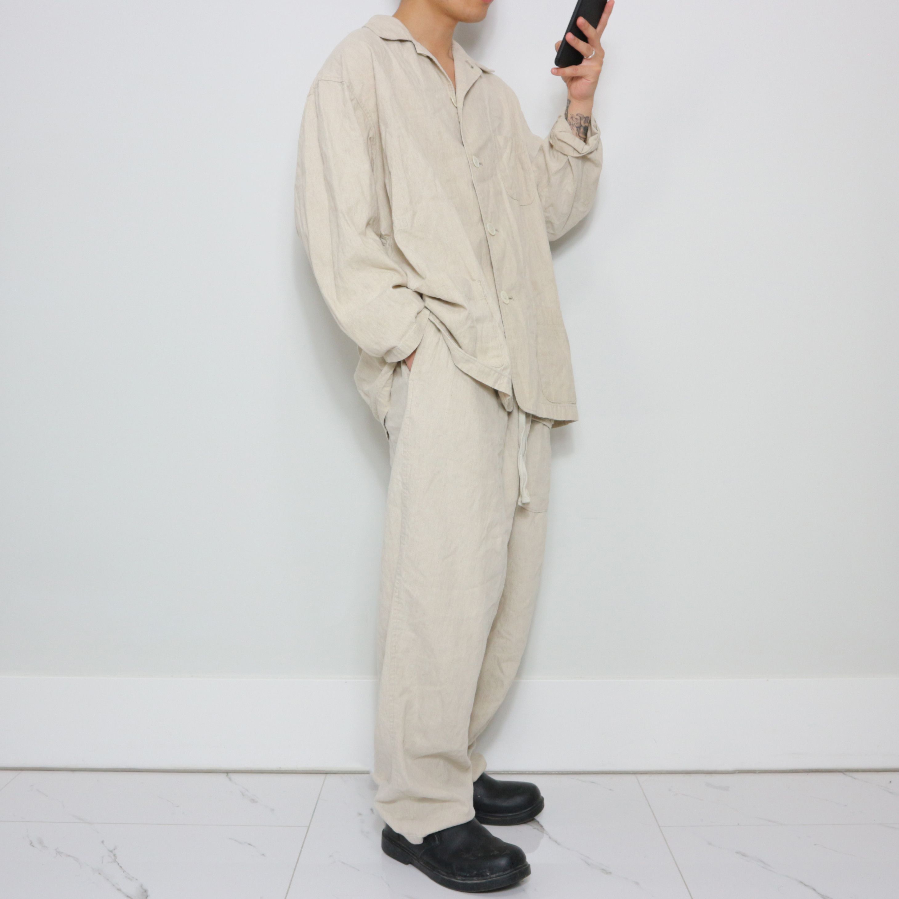 image of Yohji Yamamoto x YS For Men Y's For Men Linen Set ( Top + Bottom ) in Beige (Size Medium)