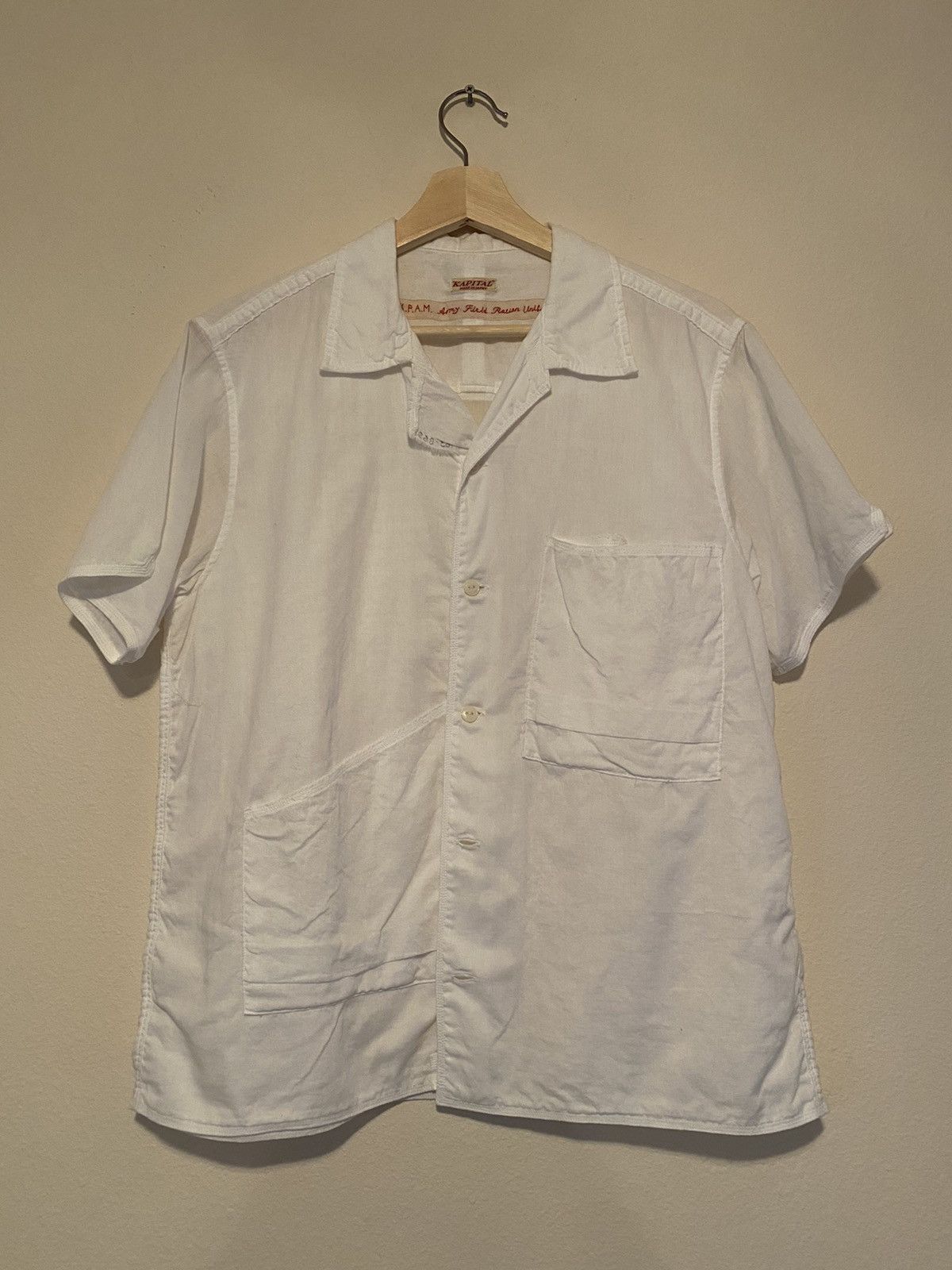 image of Short Sleeved Military Button Down Shirt By Kapital in White, Men's (Size Medium)