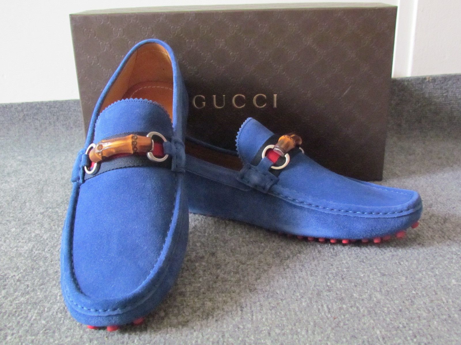 Gucci Men's 399640 Blue Suede Bamboo Horsebit Drivers Loafer