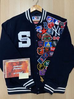 Supreme New Era MLB Varsity Jacket Navy  Varsity jacket, Mlb jackets,  Vintage jacket outfit