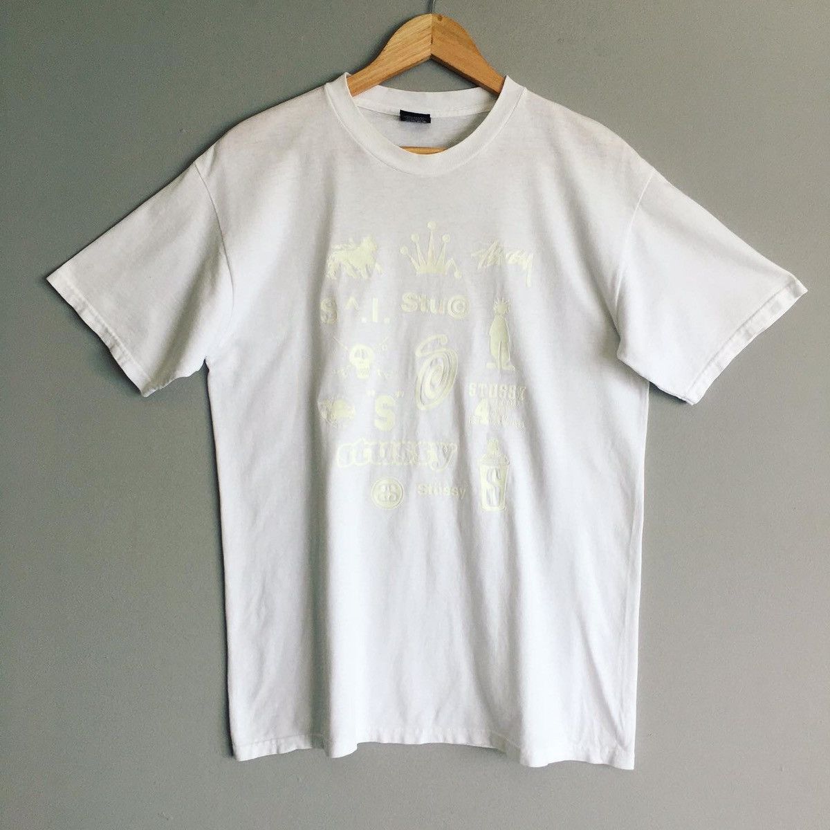 Vintage Stussy Allover Logo Glow In The Dark White Tshirt | Grailed