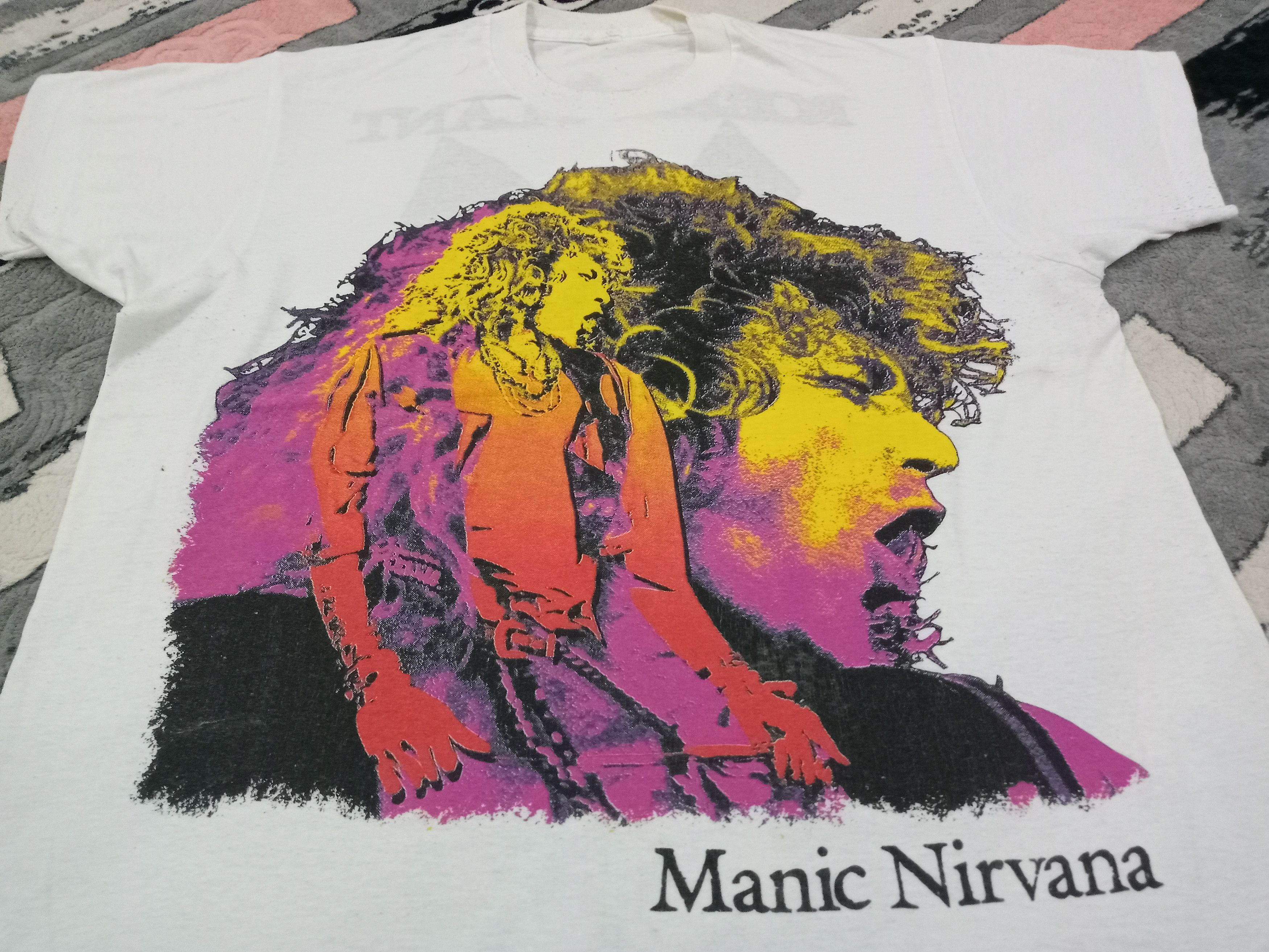 T-shirt Vintage Robert Plant Manic Nirvana 1990 - Taille L, Noir, Occasion Très Bon état