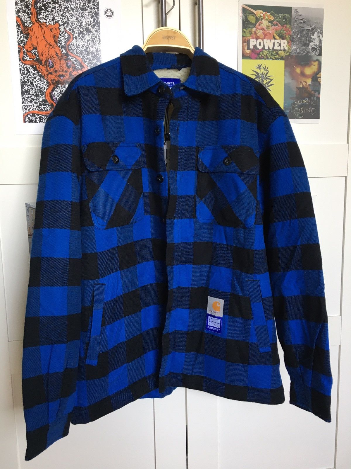 image of Paccbet X Carhartt Fleece Shirt Jacket in Blue/Black, Men's (Size Medium)