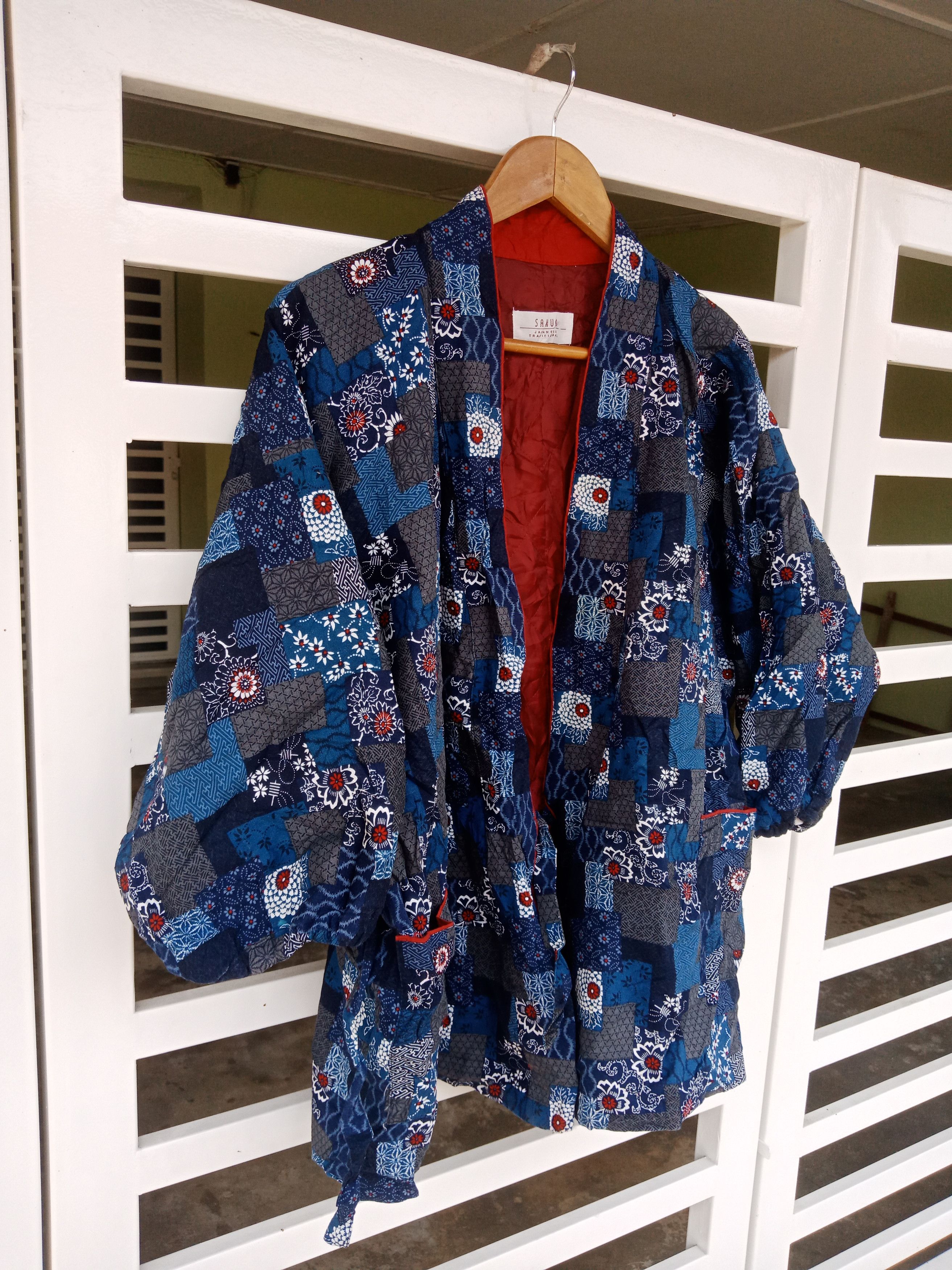 Japanese Brand Over Printed Flower & Checker Patchwork Kimono Size US L / EU 52-54 / 3 - 5 Thumbnail