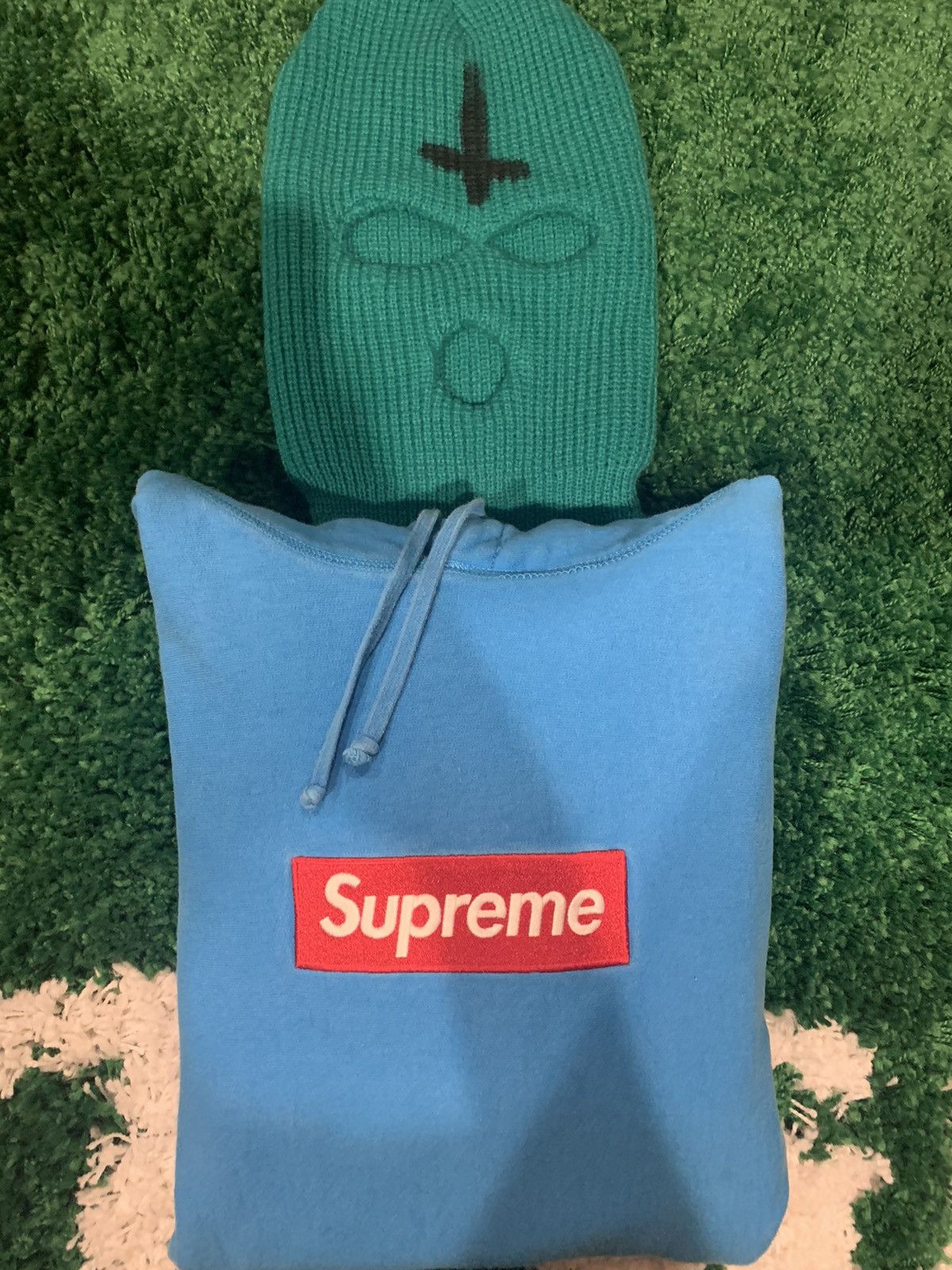 Red on teal box logo hoodie online