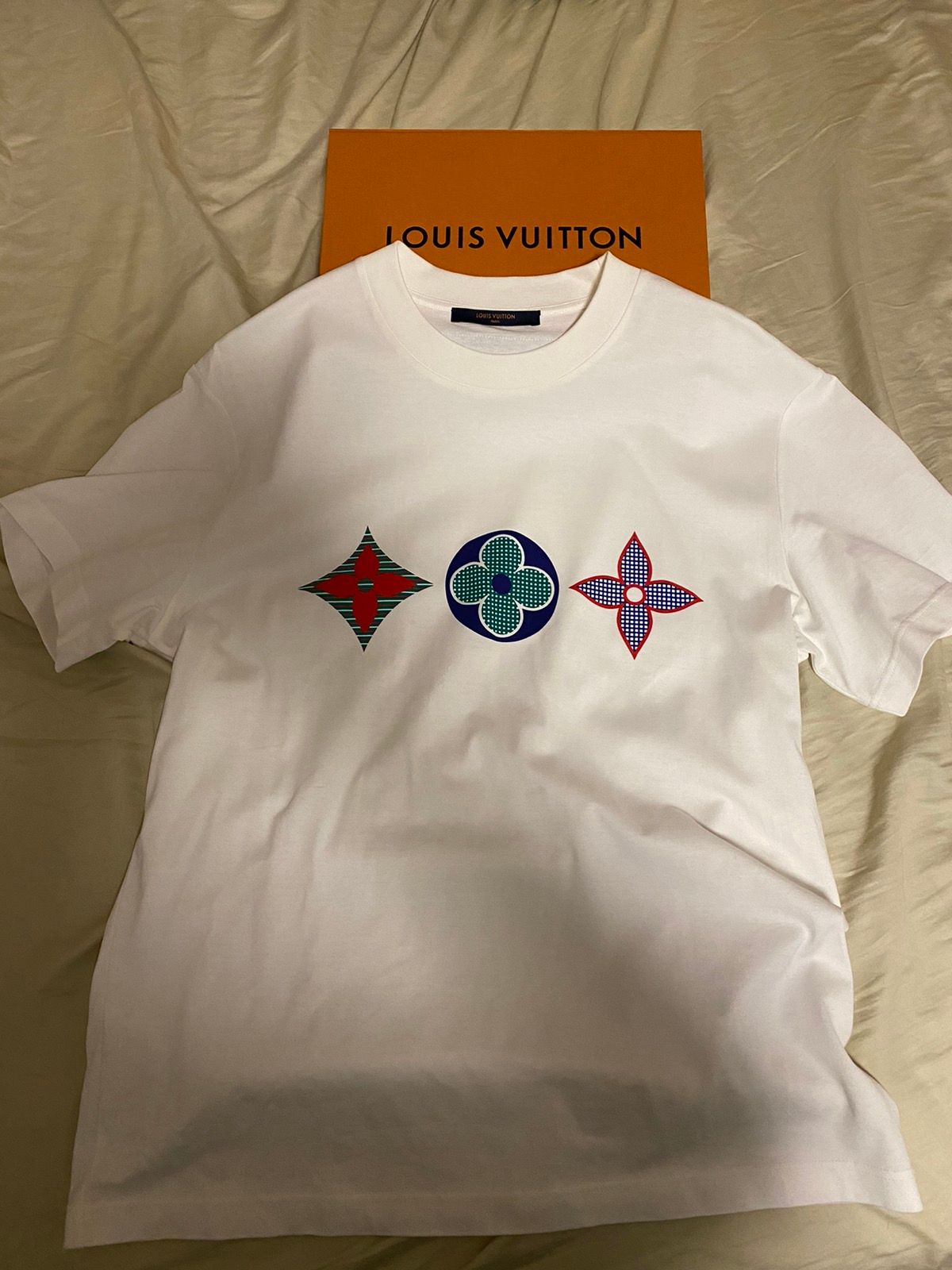 Louis Vuitton LV Mens Multicolor Monogram Print Short Sleeve White 1A7WIC