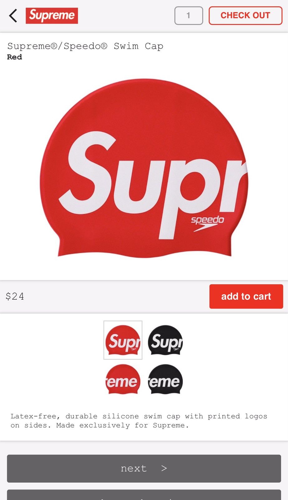 水着・ラッシュガード Supreme Speedo Swim Cap Red Supreme Speedo Swim Cap (SS20) - $24