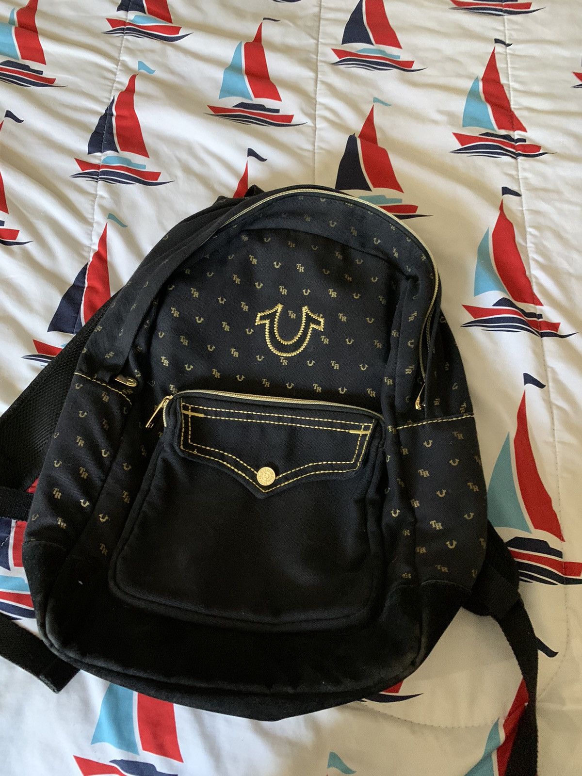 True religion backpack store black and gold