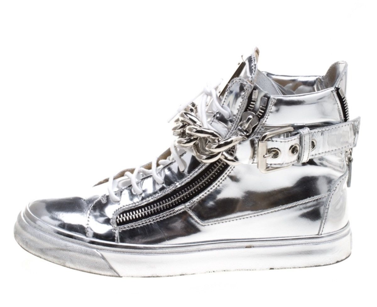 Giuseppe Zanotti Metallic Silver Mirrored Leather Sneakers