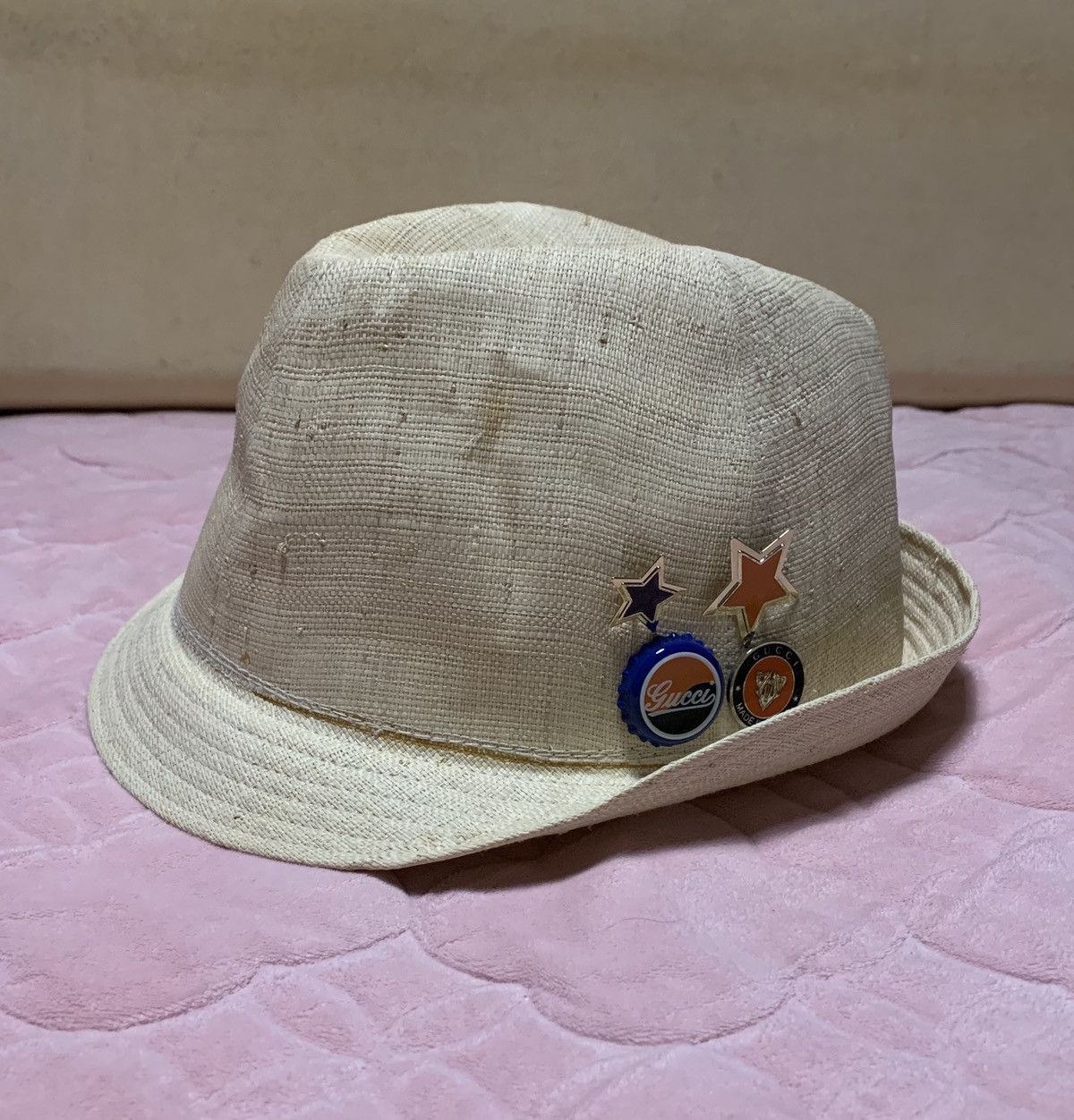 100% Straw Fedora Hat with Bottle Cap Pins