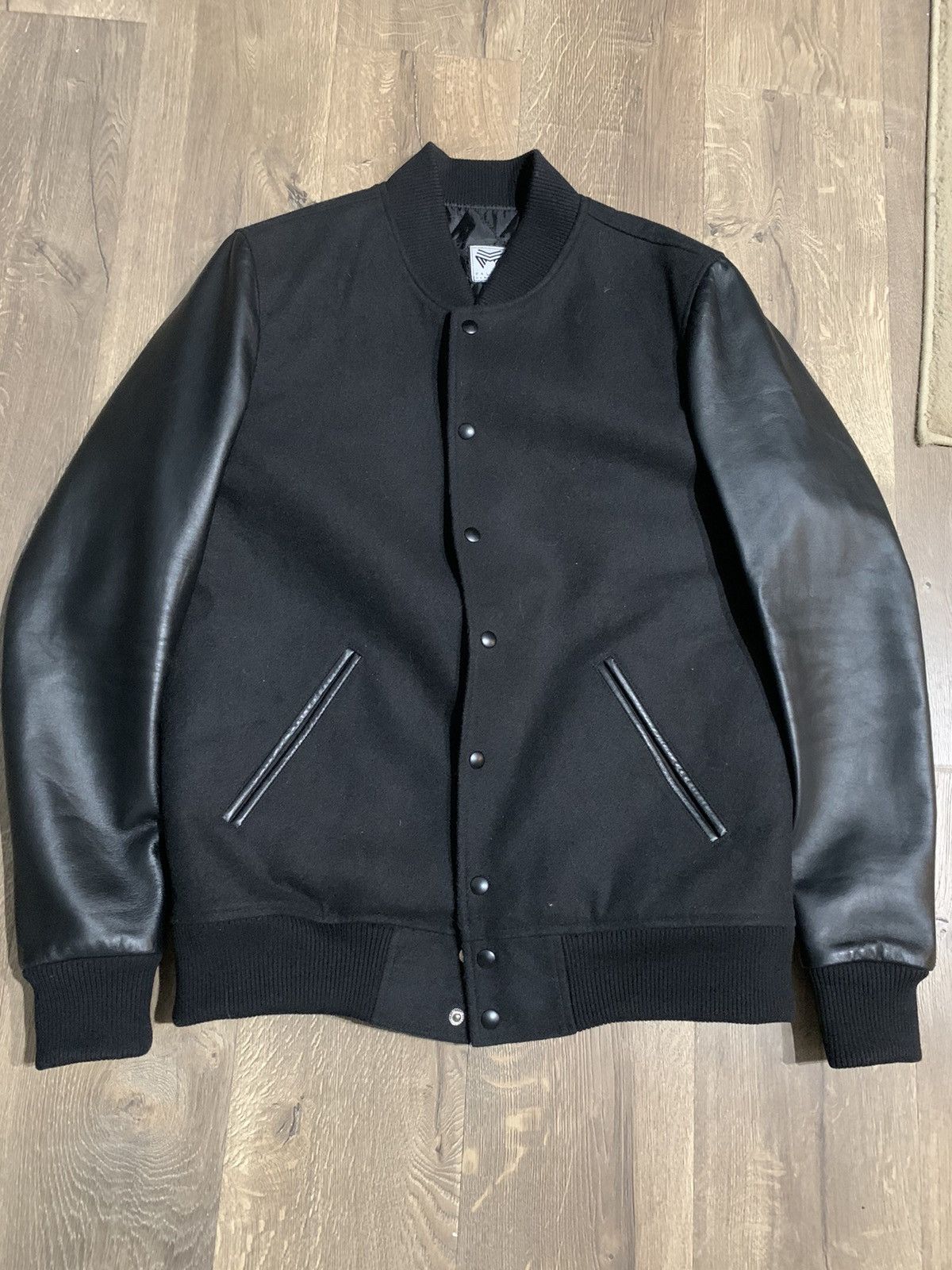 image of Falcon Garments x Temple Of Jawnz Varsity Leather Jacket in Black, Men's (Size Large)