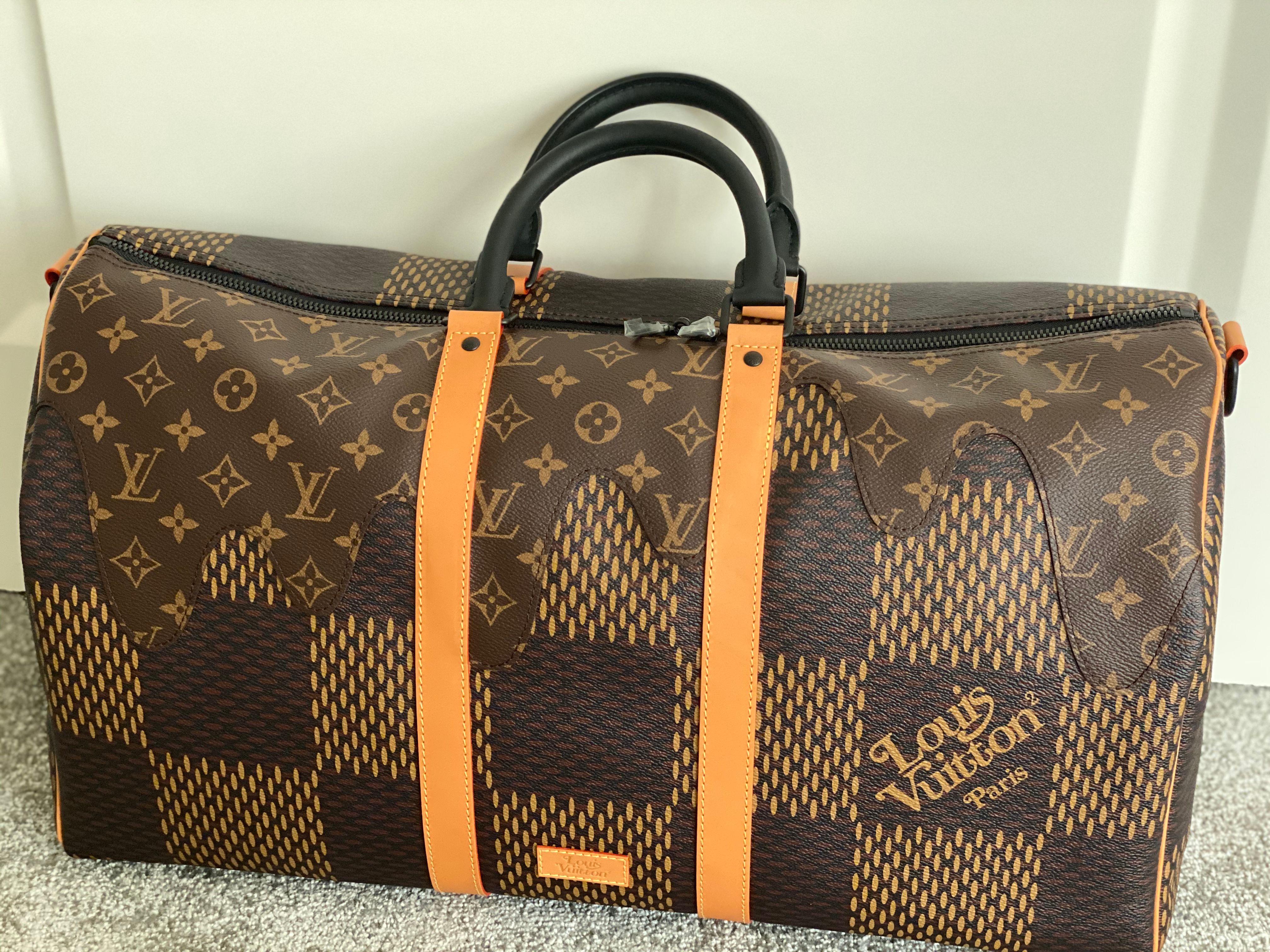 Louis Vuitton Virgil Abloh Nigo Brown Monogram Stripes Coated Canvas Keepall Bandoulière 50 Gold Hardware, 2021, Handbag