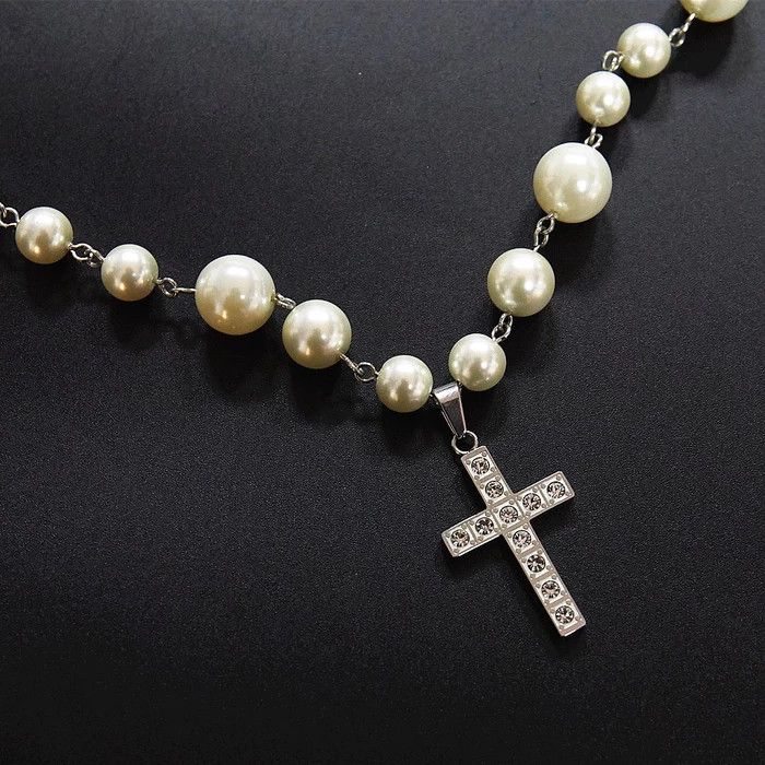 Jewelry Silver Cross Pearl Necklace Size ONE SIZE - 1 Thumbnail