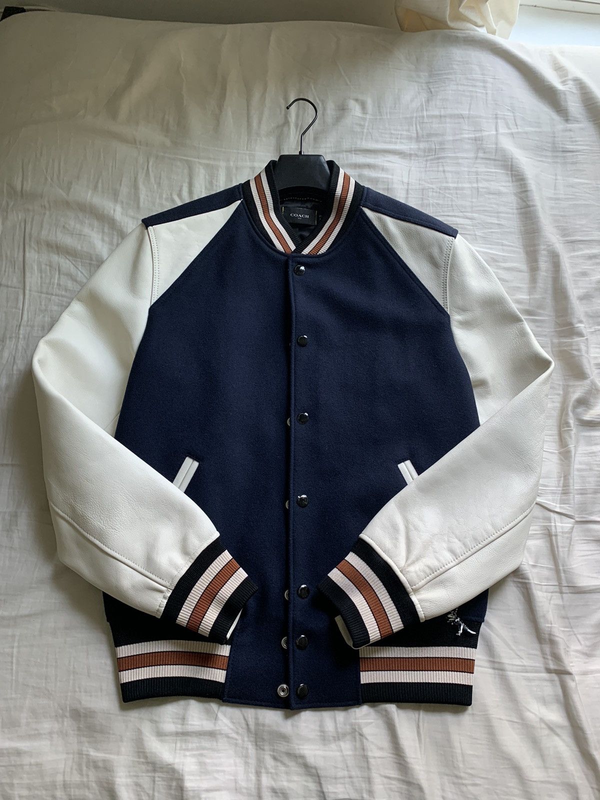 Coach Varisty Jacket Navy/ Chalk Leather 59590 Size 48 M