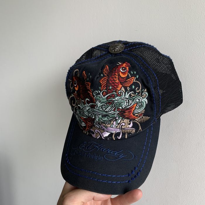 Ed Hardy Vintage Koi Fish Embroidered Trucker Hat.