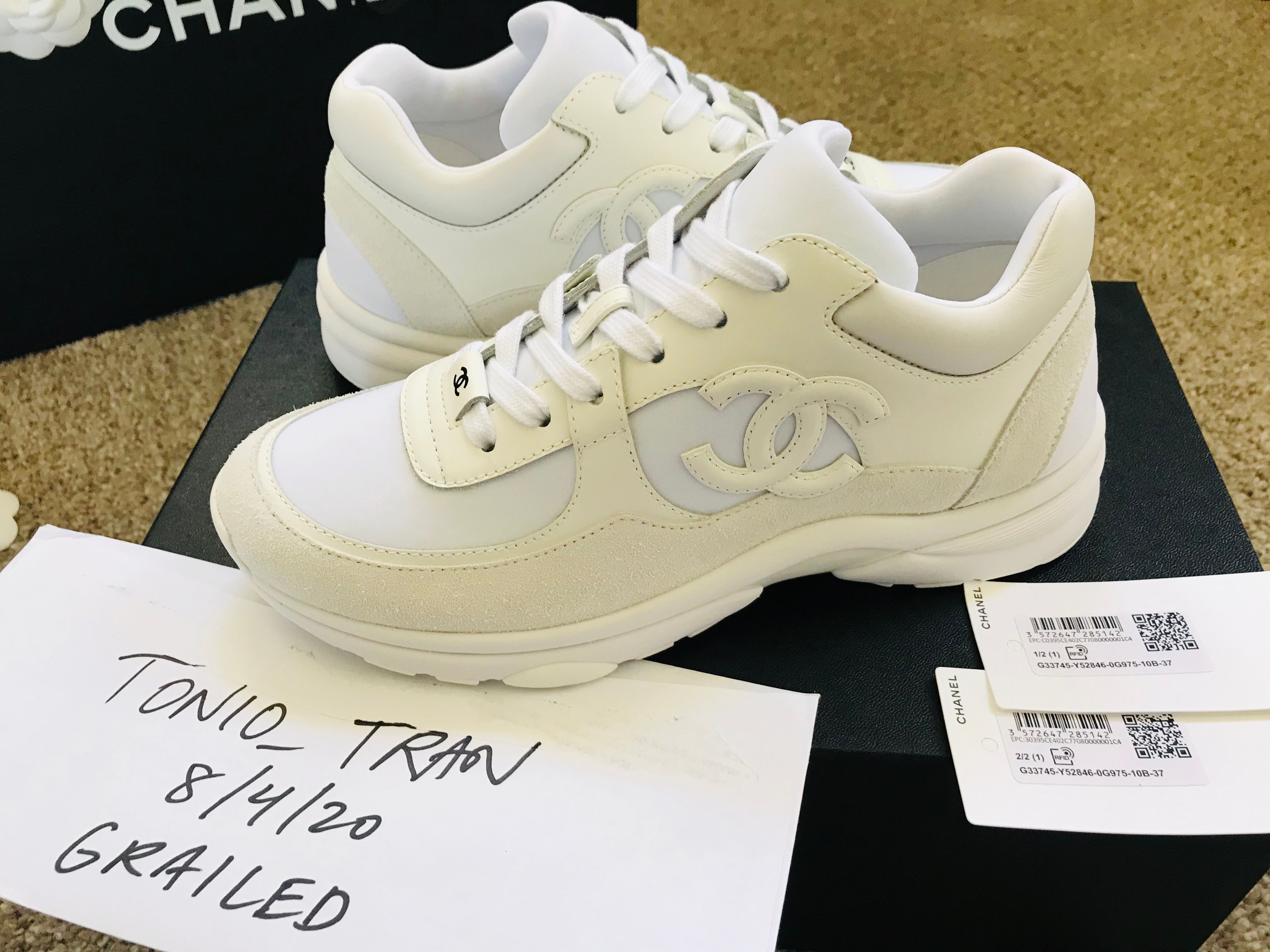 CHANEL Fabric Suede Calfskin Stretch CC Sneakers 38.5 White Grey 850494