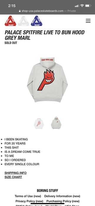 Palace Palace Spitfire Live To Burn Hood Grey Marl | Grailed