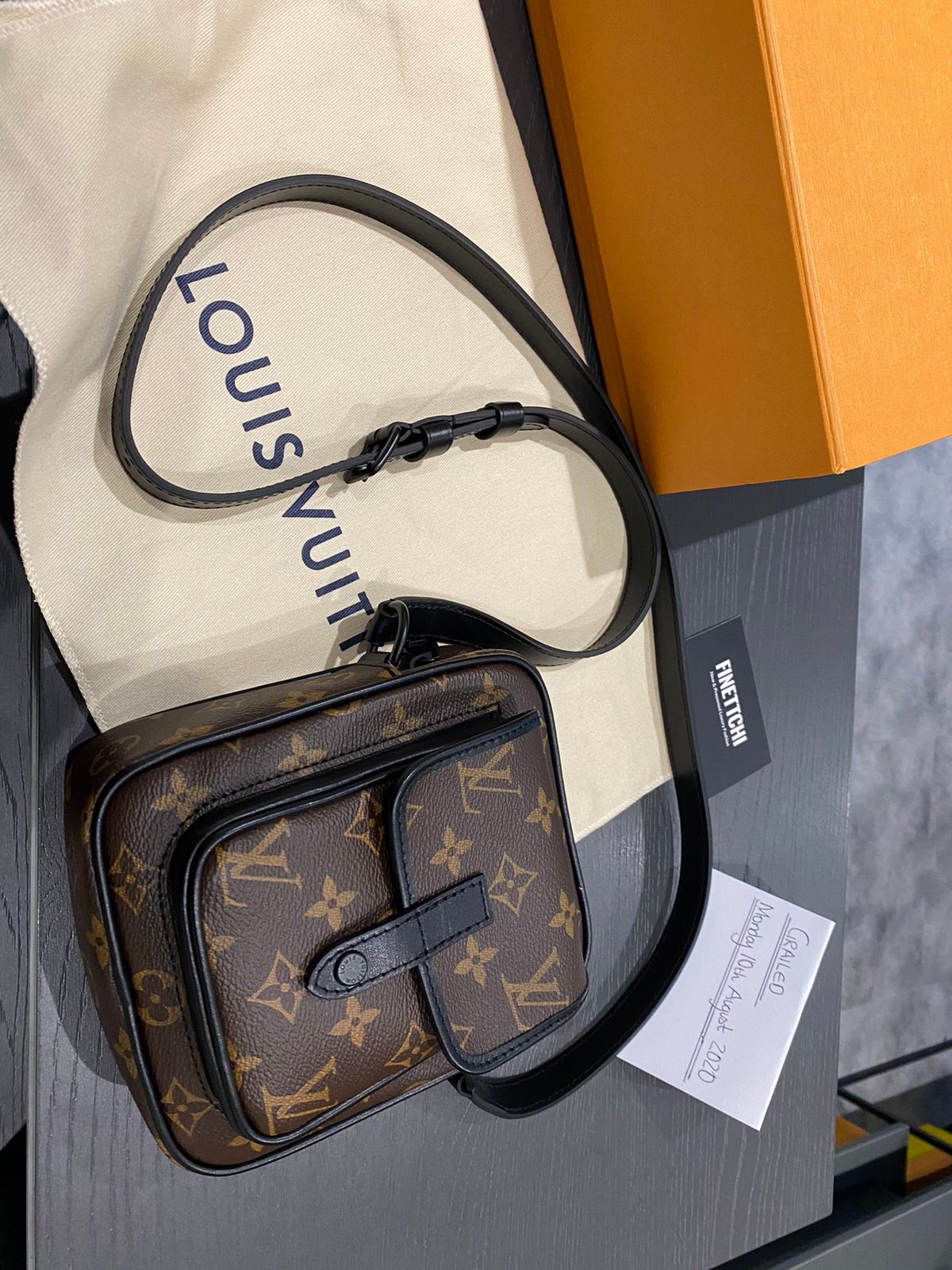 Louis Vuitton Brown Monogram Macassar Coated Canvas Mini Christopher Wearable Wallet Black Hardware, 2020 (Like New), Handbag