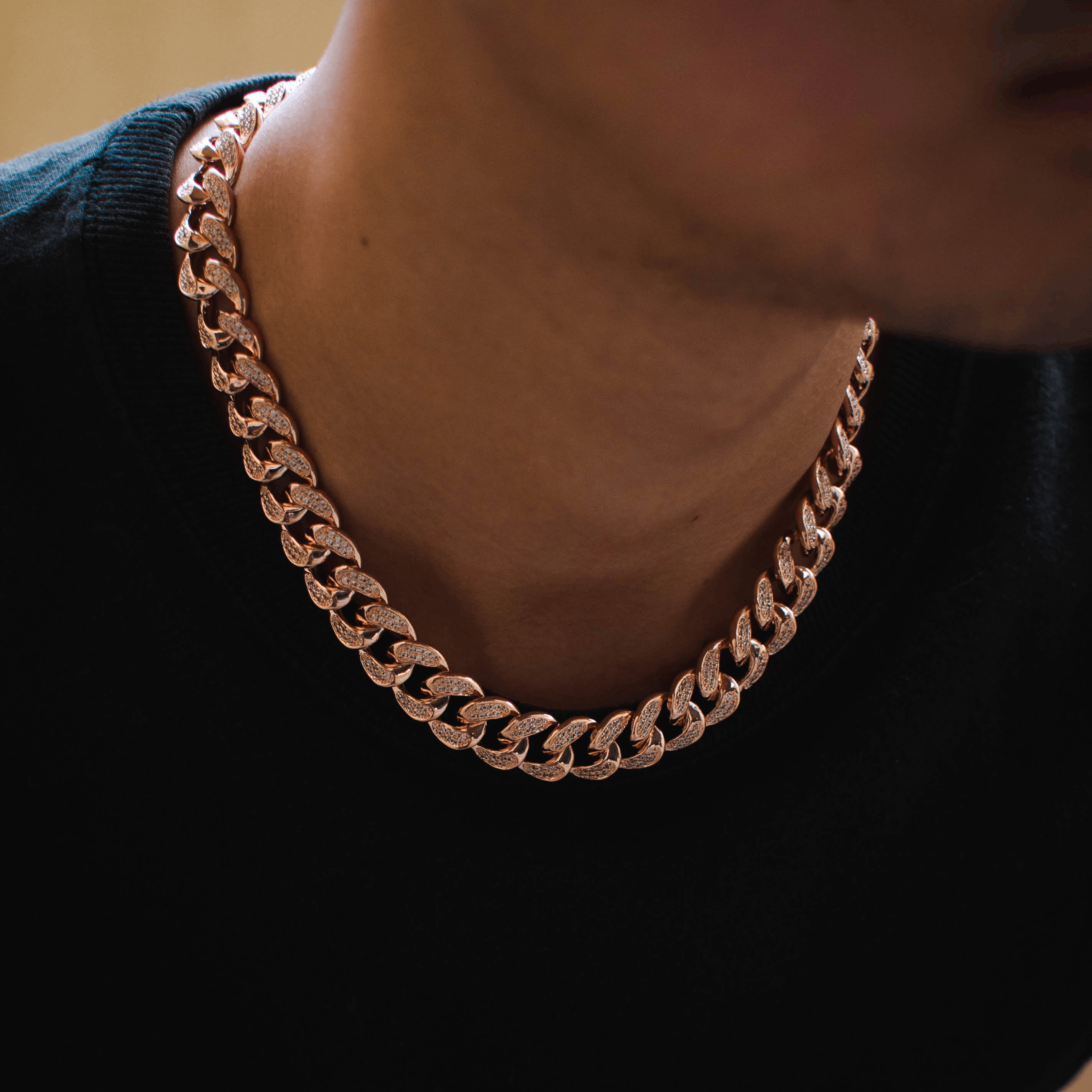 14k Rose Gold Diamond Cuban Link Chain Choker Necklace 12mm