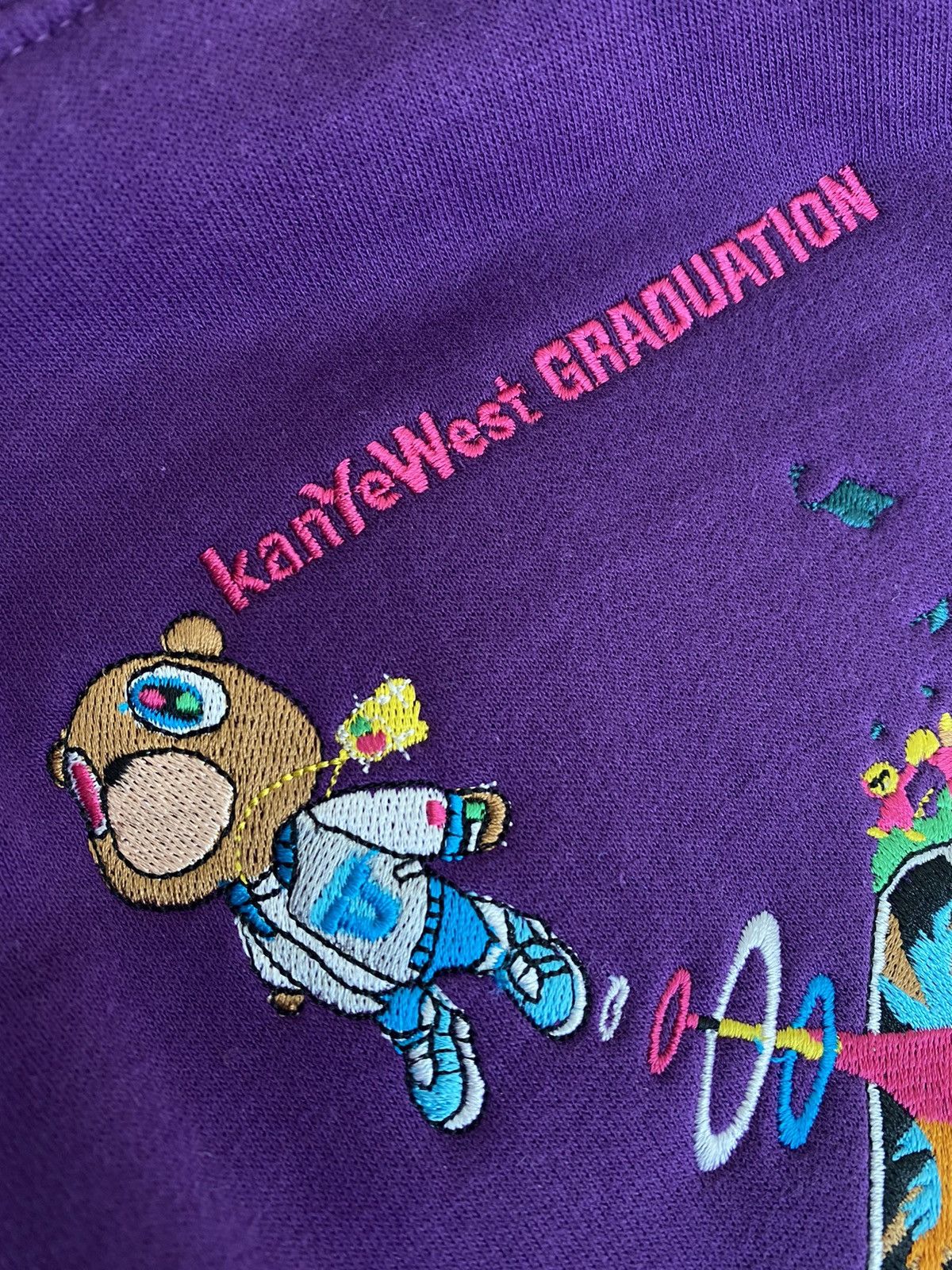 Kanye West Graduation Hoodie Mens Medium Purple Embroidered Album Art cheapest Bleach Dye