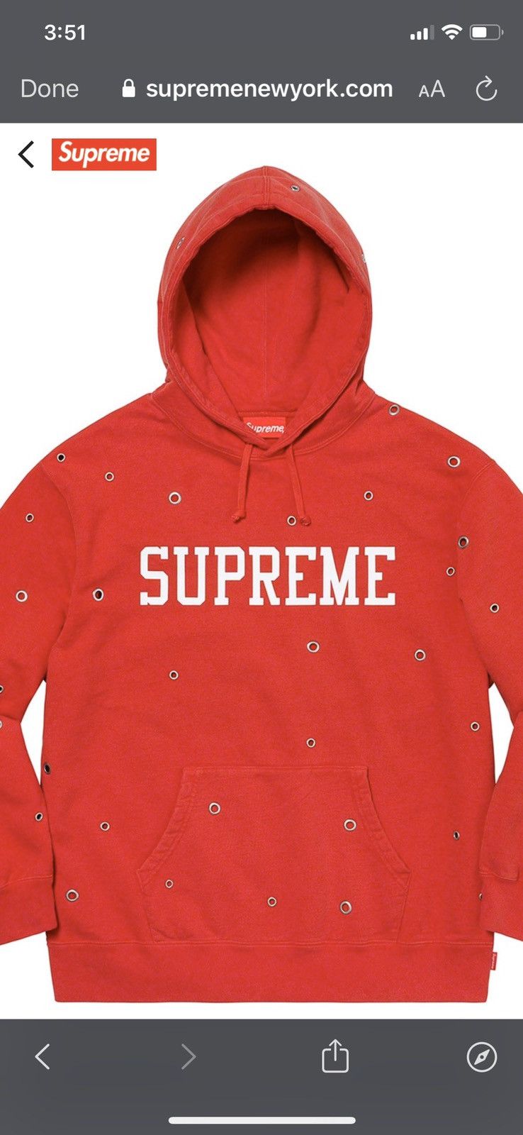 Supreme Supreme Red Eyelet Hooded Sweatshirt Sz. L Grailed