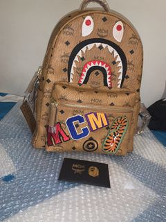 MCM x BAPE Shark Weekender Visetos Cognac in Coated Canvas with 24k Gold  Plated - US