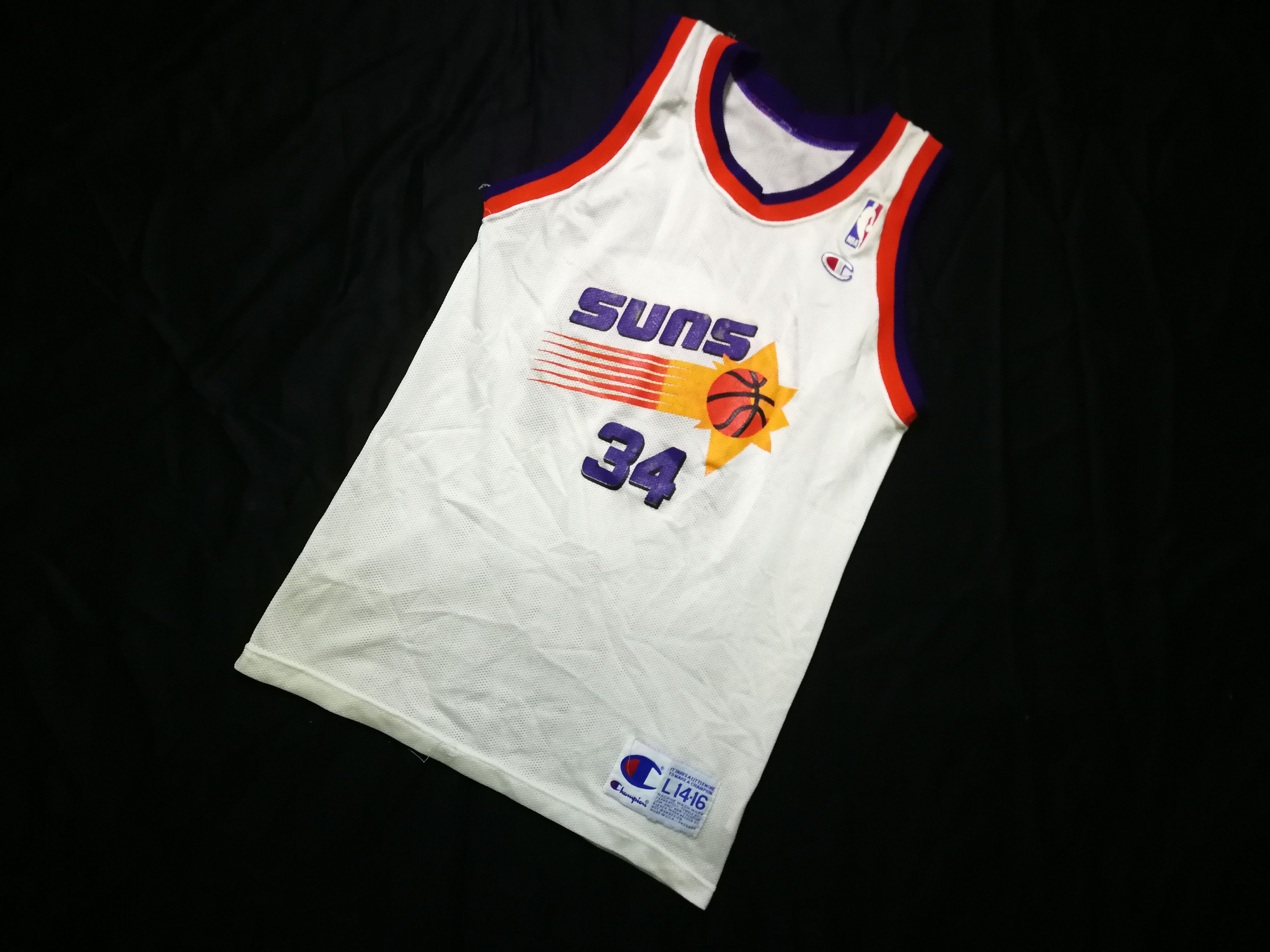 VINTAGE MADE IN USA CHAMPION PHOENIX SUNS #34 BARKLEY JERSEY IN SIZE YOUTH  L