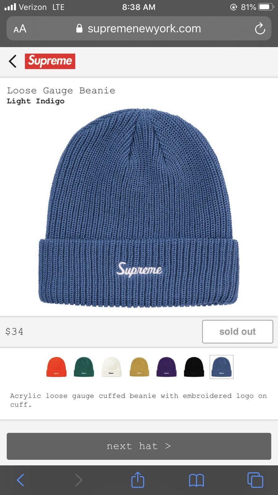 Supreme Supreme Loose Gauge Beanie Light Indigo Sold Out FW20 
