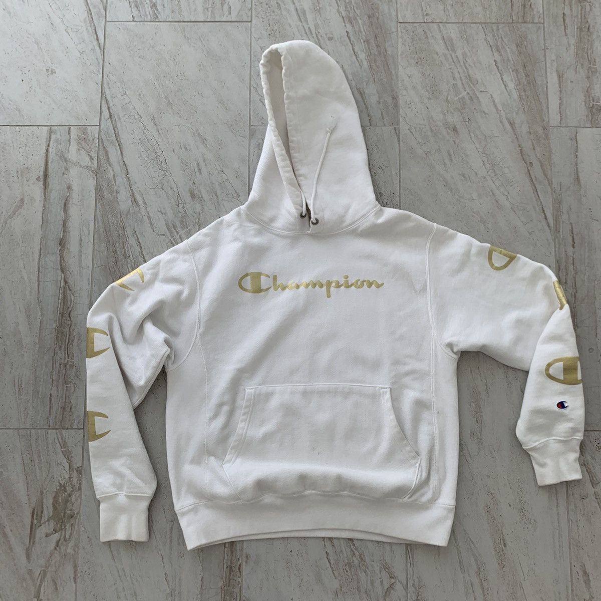 White and gold champion hoodie sales
