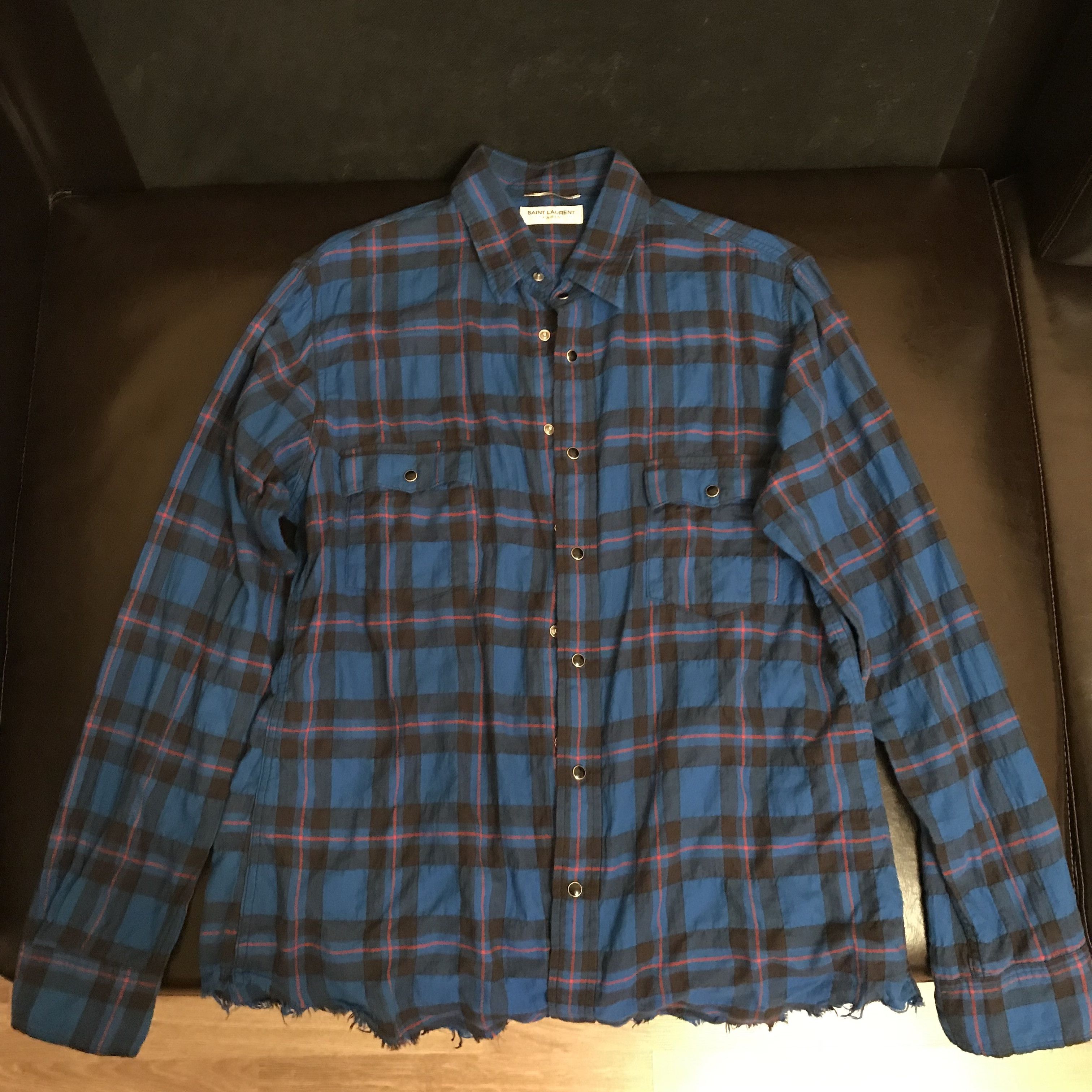 Saint Laurent Paris blue raw hem flannel shirt SS16 Surf Sound runway ...