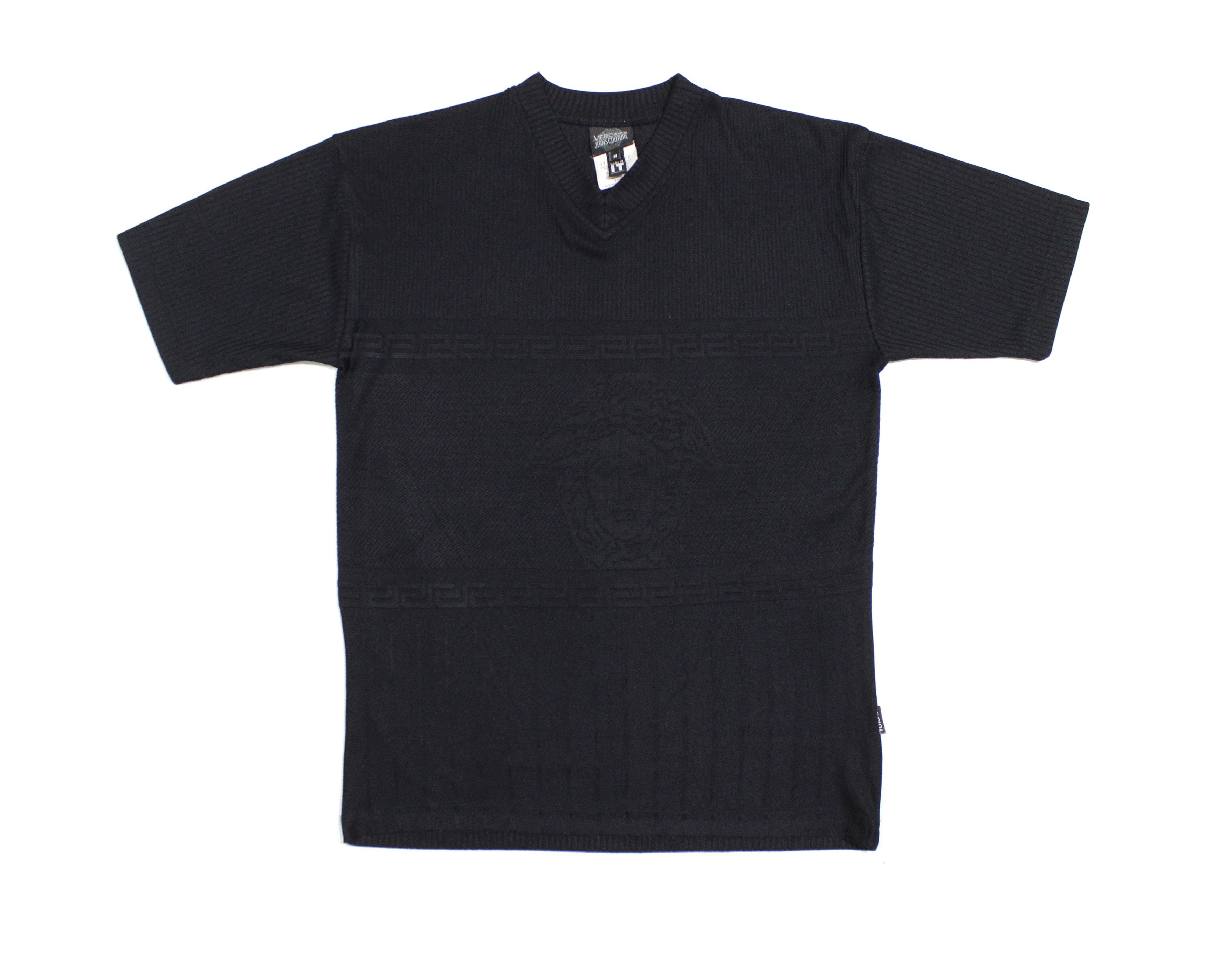 Versace 90S Medusa Big Logo Ribbed Polyester T-Shirt Vintage Size US M / EU 48-50 / 2 - 1 Thumbnail