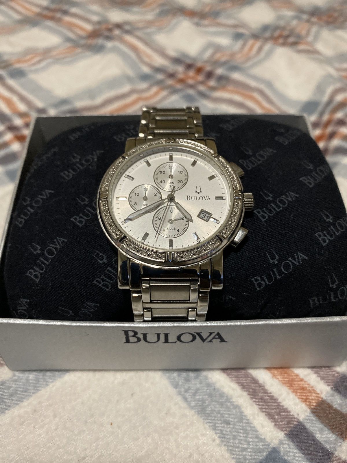 BULOVA Diamond Chronograph Silver Dial Stainless Steel Watch
