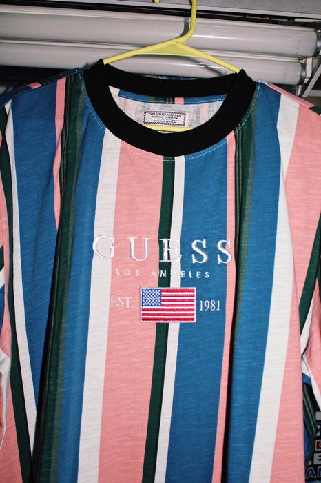 Guess pink and hot sale white striped shirt