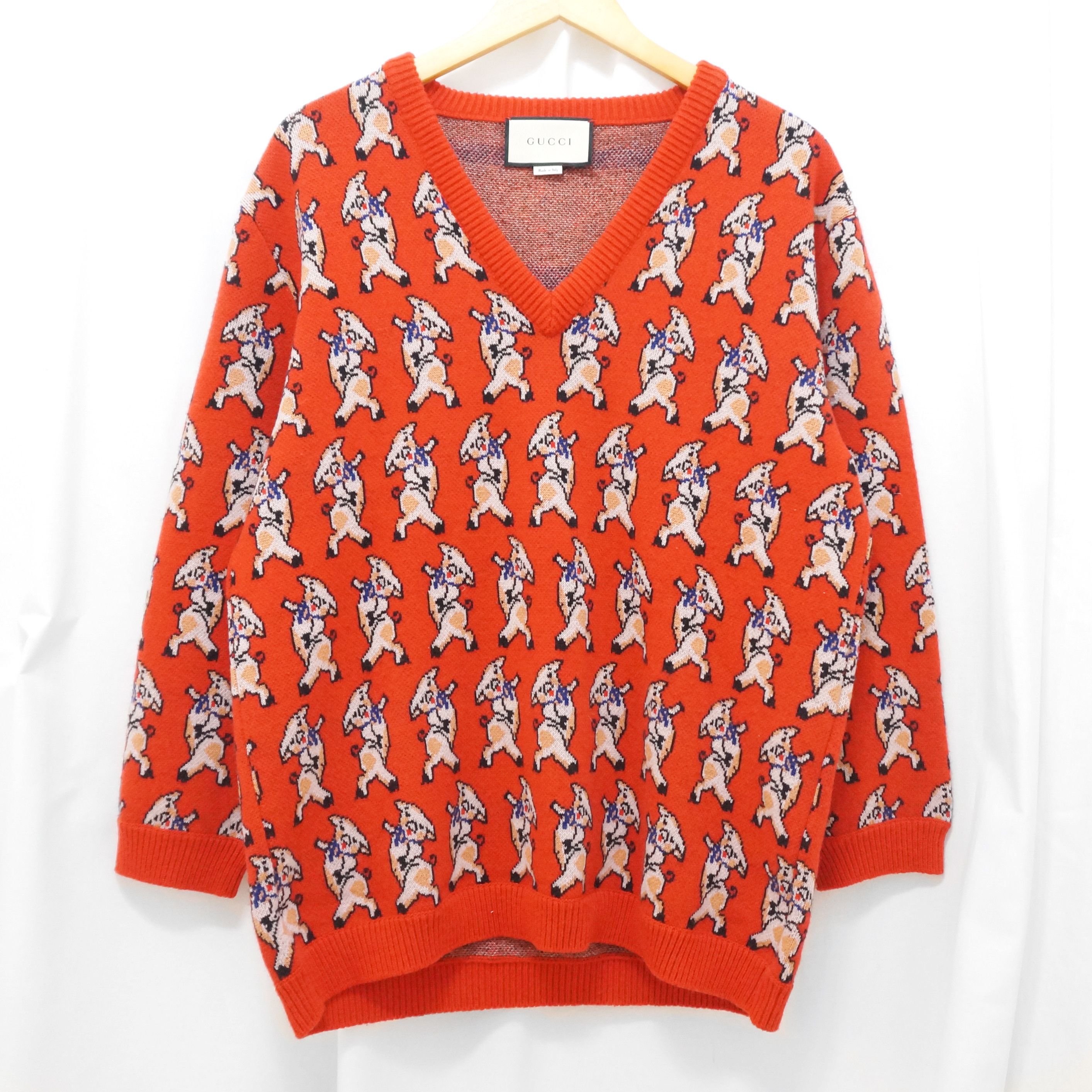 image of Gucci Ss19 V-Neck Piglet Sweater in Red, Men's (Size Small)