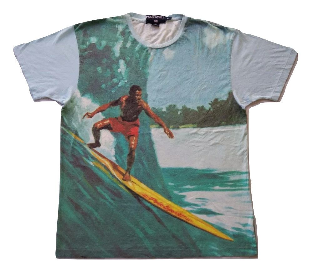 Vintage 90s Polo Sport Ralph Lauren Surfing All Over Print T Shirt Surf L  RARE