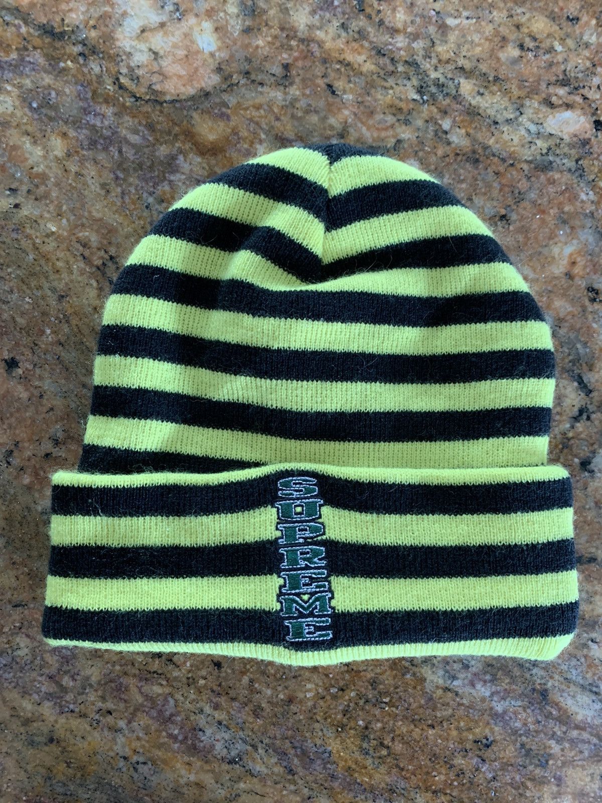Vertical Logo Striped Beanie Neon Yellow