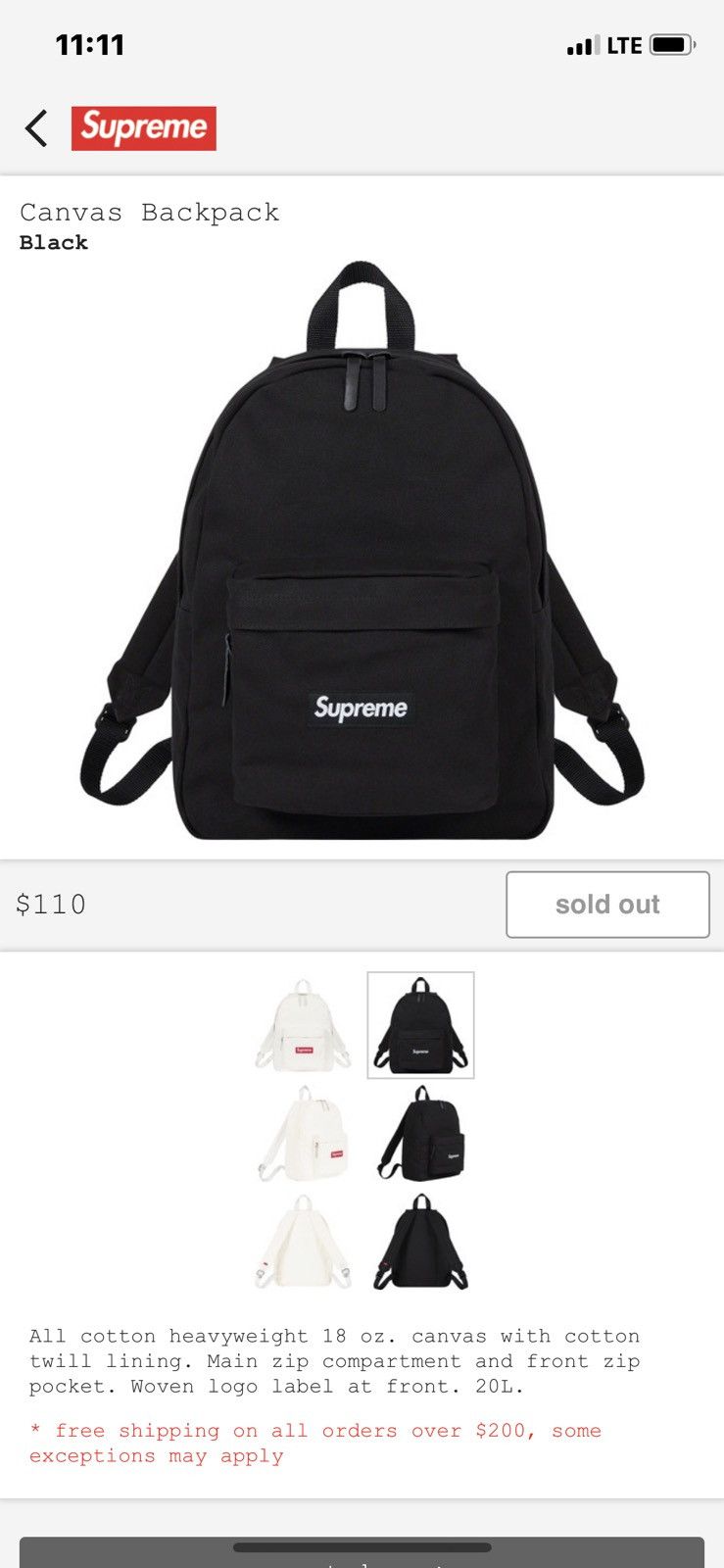 Supreme Canvas Backpack Black 20AW