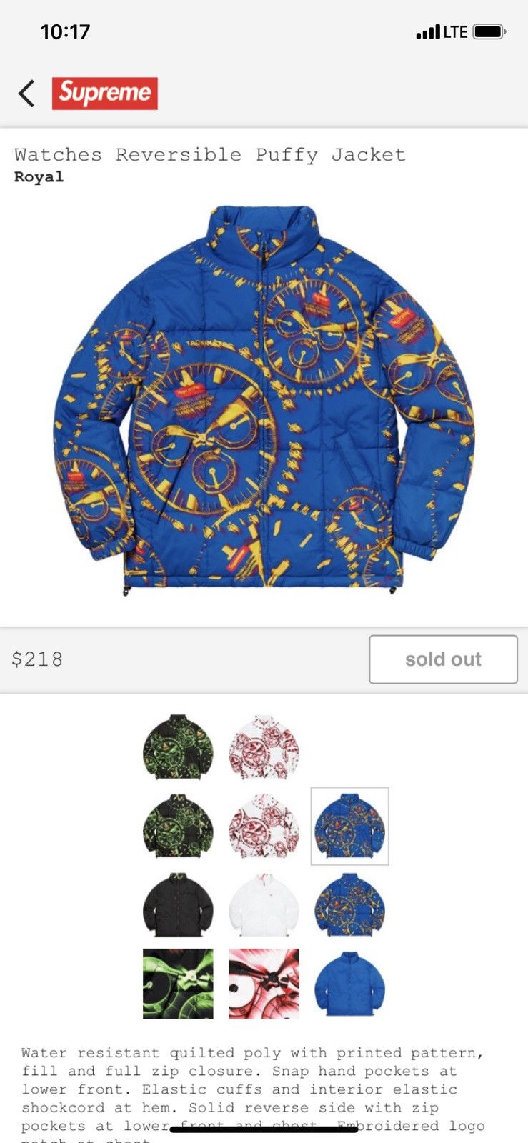 Supreme Watches reversible royal puffy jacket | Grailed