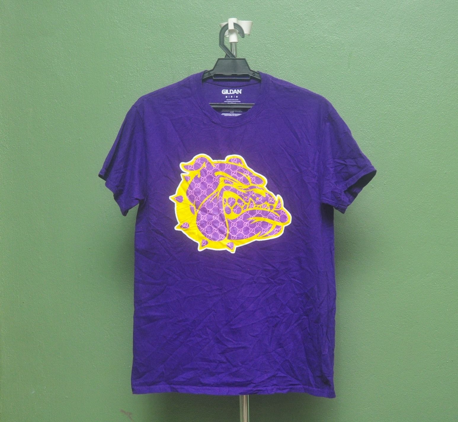 image of Vintage Parody Gucci Bulldog Big Logo Purple Colour M Size Shirt, Men's