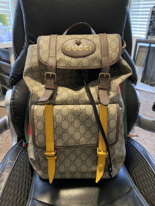 Pre-owned Gucci Soft Backpack Gg Supreme Web Straps Brown Yellow