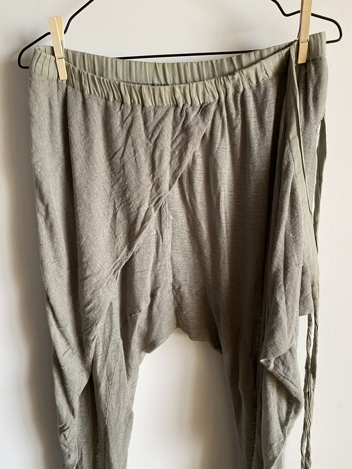 image of Aleksandr Manamis Ss12 Linen Dropped Wrap-Tie ‘Dojo Pant’ in Light Olive, Men's (Size 30)