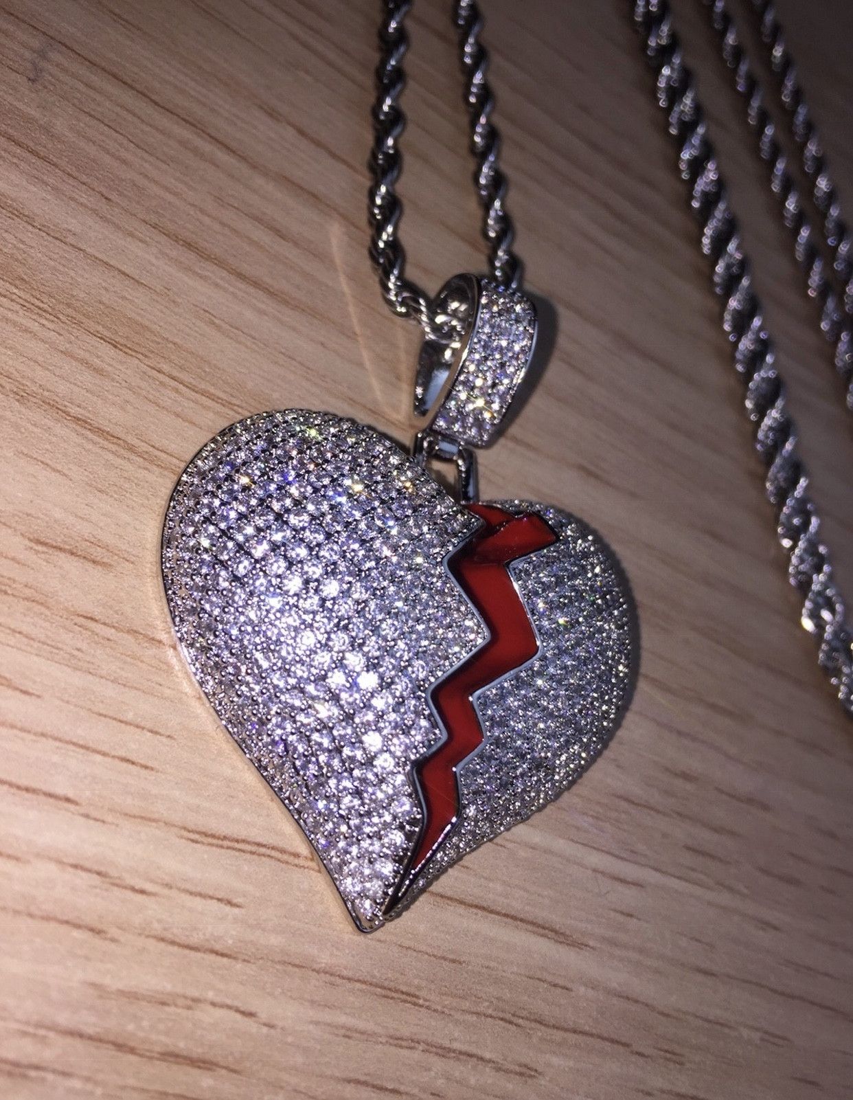 Streetwear Brand New Iced Broken Heart Silver Pendant Chain Necklace ...