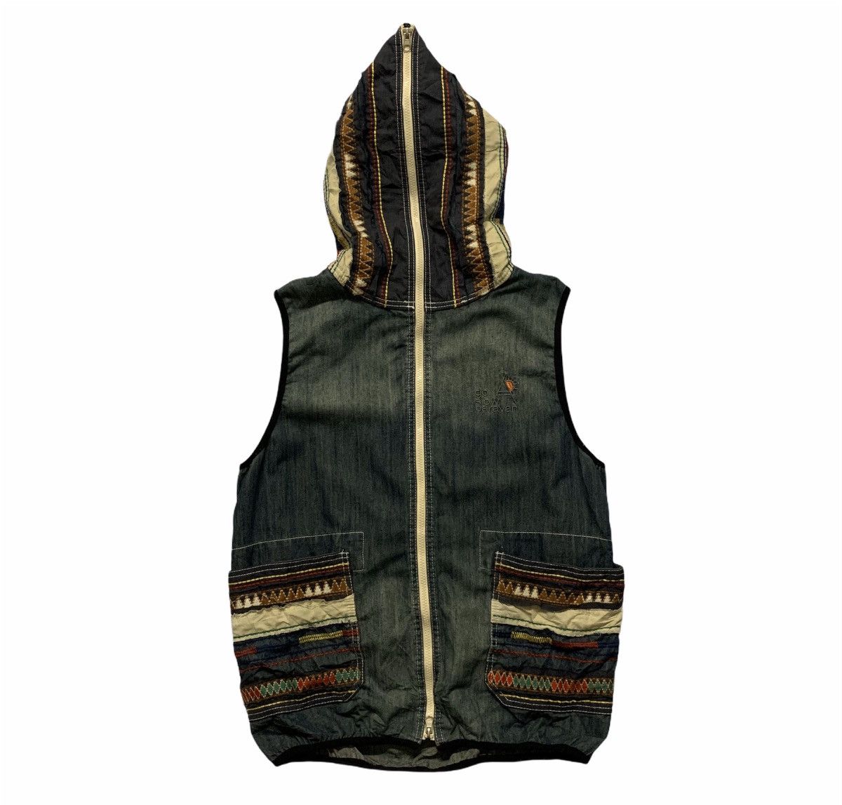 image of Go Slow Caravan Native Navajo Full Zip Sleeveless Vest in Denim, Men's (Size Medium)